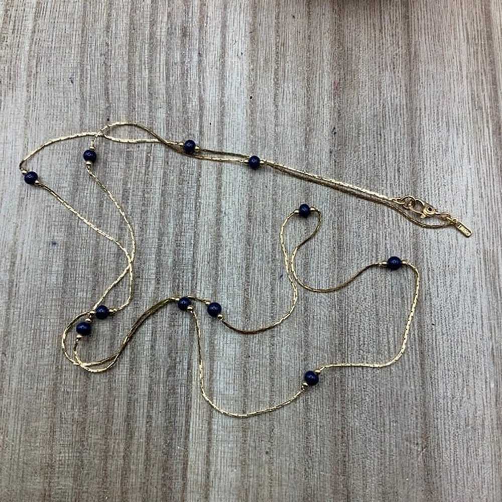 Monet Vintage Dainty Blue Glass Beaded Gold Tone … - image 5