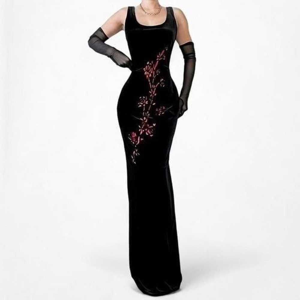 Vintage Velvet Black Red Floral Maxi Bodycon Knit… - image 1