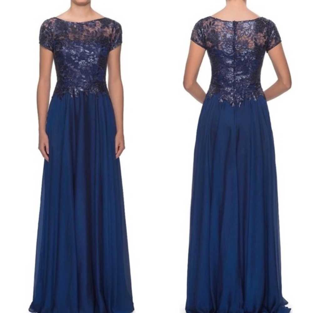 La Femme Floral Lace Satin Navy Blue Gown Size 10 - image 1