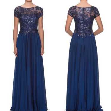 La Femme Floral Lace Satin Navy Blue Gown Size 10 - image 1