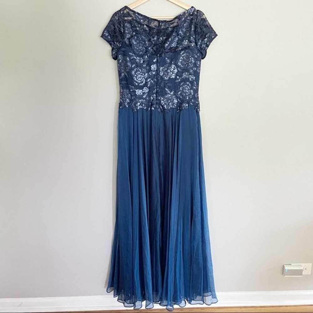 La Femme Floral Lace Satin Navy Blue Gown Size 10 - image 2