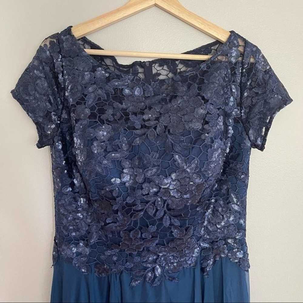 La Femme Floral Lace Satin Navy Blue Gown Size 10 - image 3