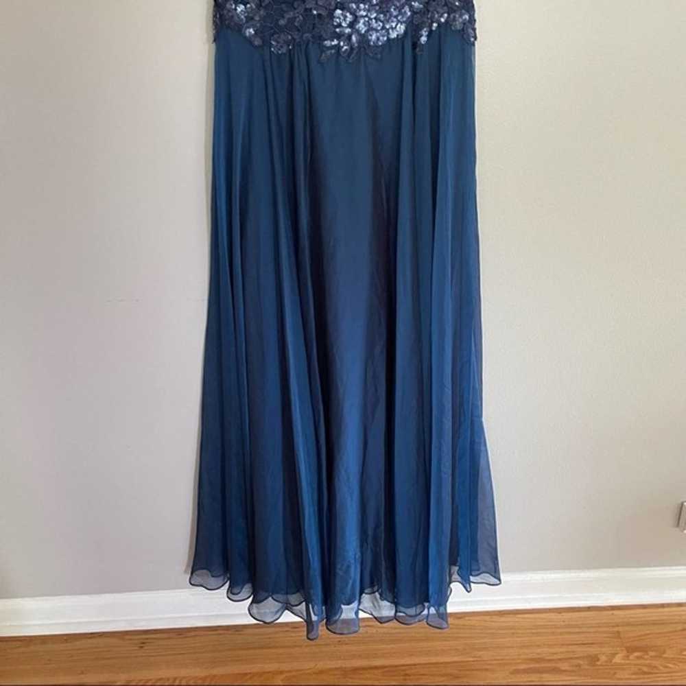 La Femme Floral Lace Satin Navy Blue Gown Size 10 - image 4