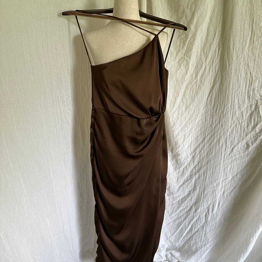 brown satin dress with ruched side and one should… - image 1