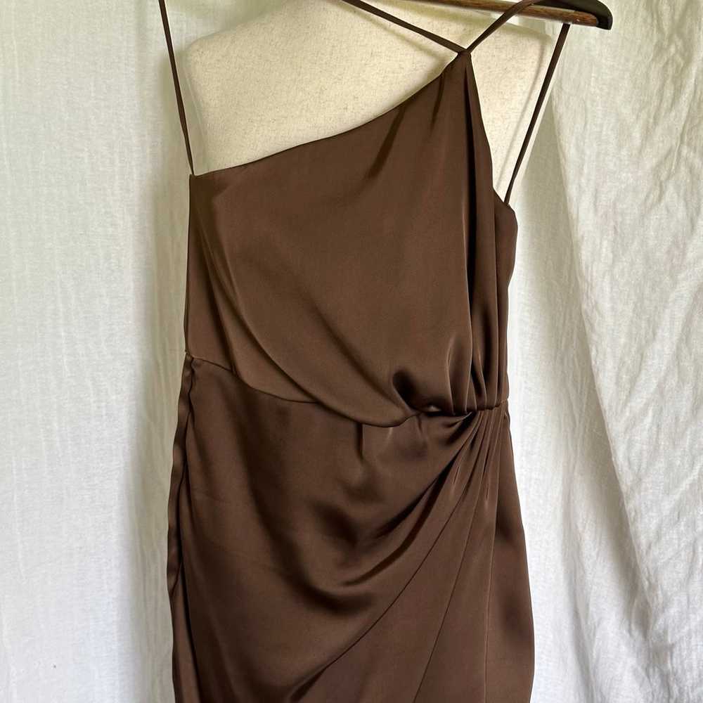 brown satin dress with ruched side and one should… - image 2