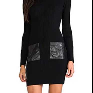 Knit Slim Rib Leather Pocket Dress in Black caja … - image 1