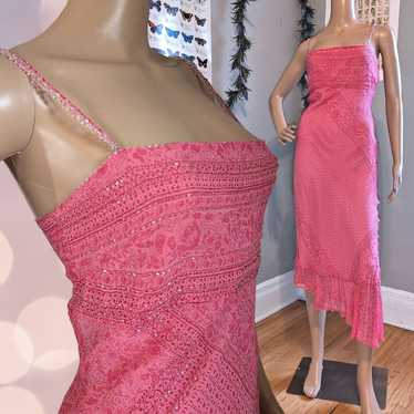 Vintage 1990s y2k ECI Midi Dress Pink Silk Beaded… - image 1