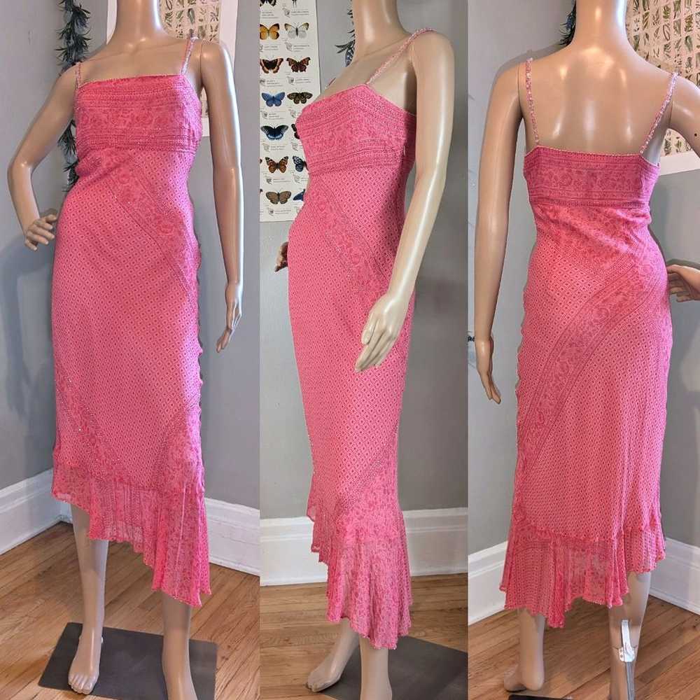 Vintage 1990s y2k ECI Midi Dress Pink Silk Beaded… - image 2