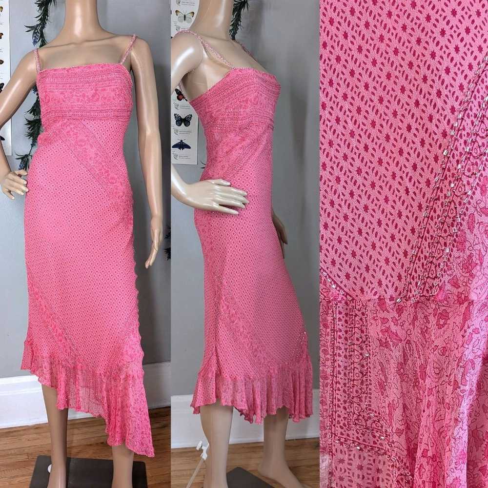 Vintage 1990s y2k ECI Midi Dress Pink Silk Beaded… - image 3