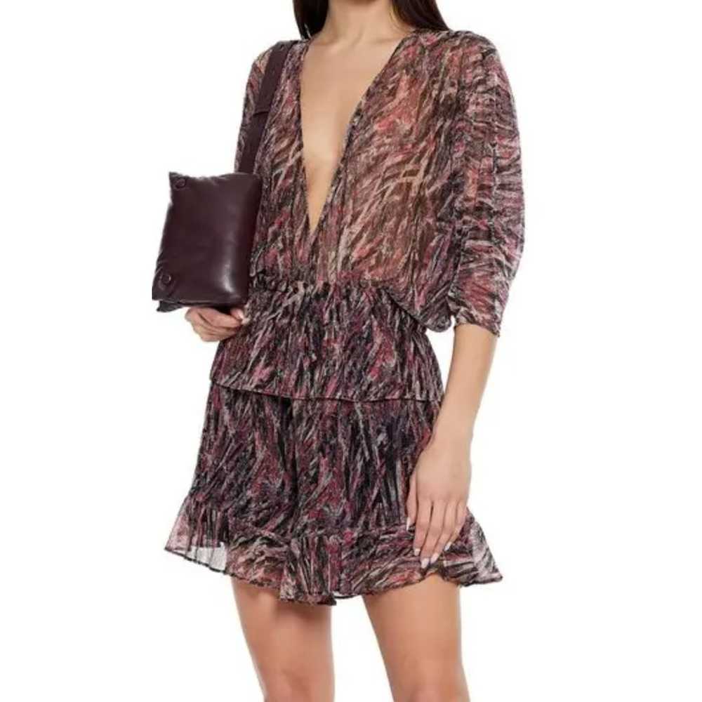 IRO Paris Metallic Print Ruffle Deep V Neck Mini … - image 1