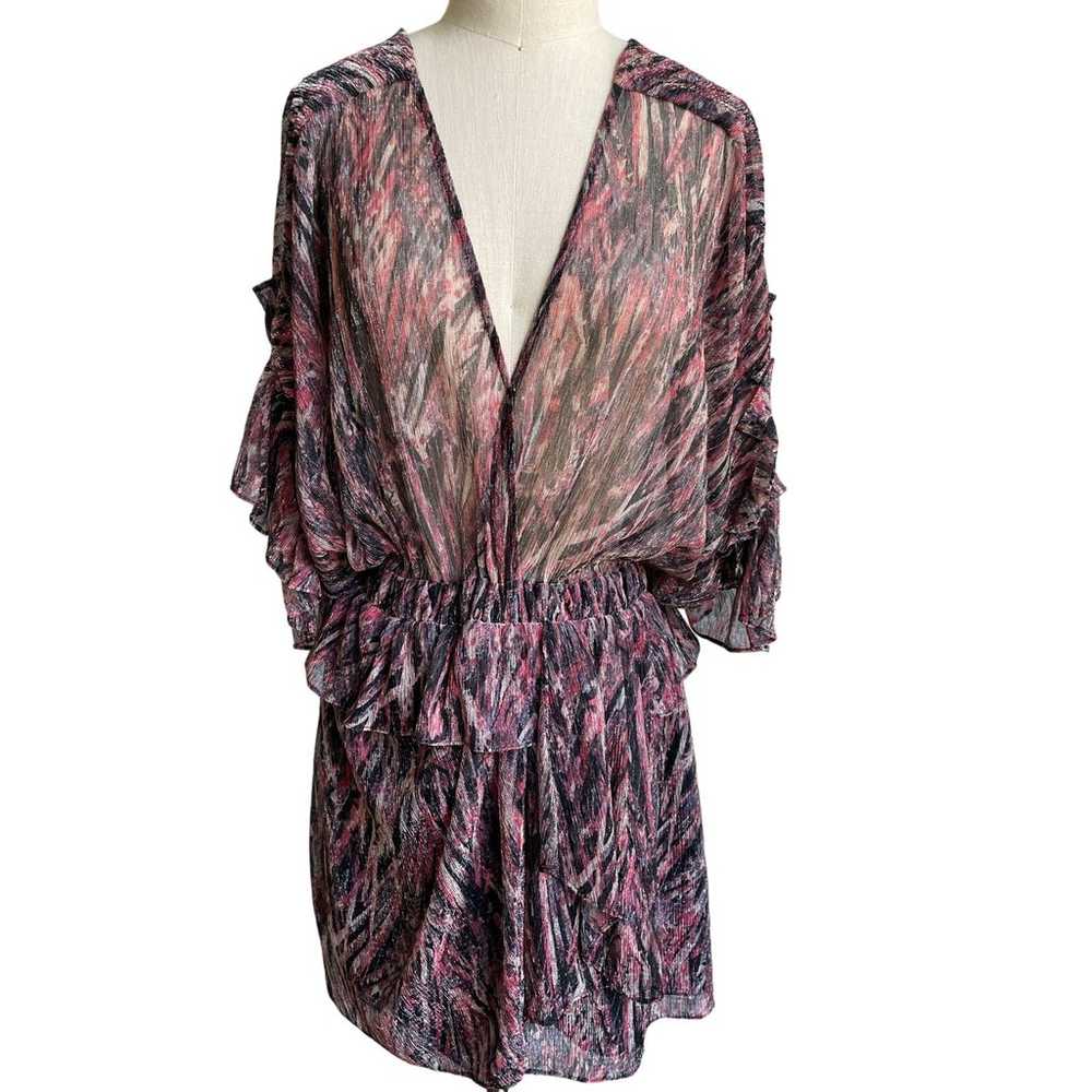 IRO Paris Metallic Print Ruffle Deep V Neck Mini … - image 4