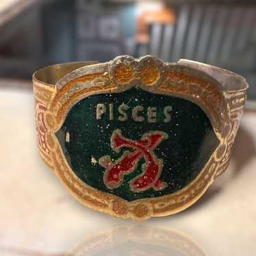 Vintage Brass Hand Painted PISCES Zodiac Cuff Ast… - image 1