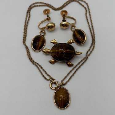 Tiger Eye Set of Carved Scarab Pendant, Screwback… - image 1