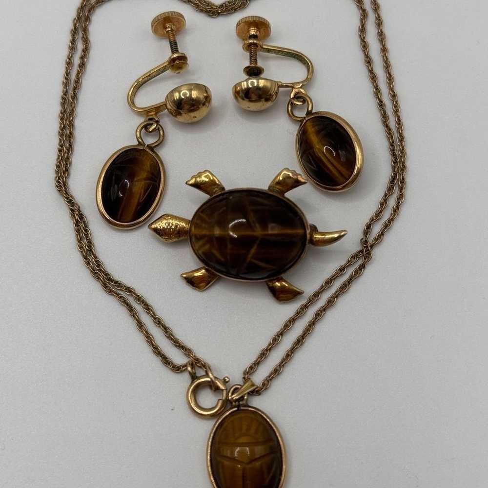 Tiger Eye Set of Carved Scarab Pendant, Screwback… - image 2