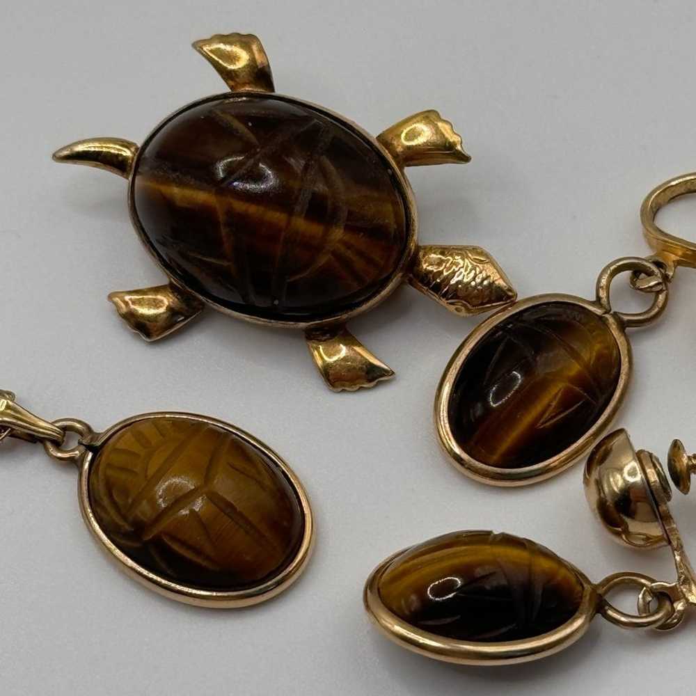 Tiger Eye Set of Carved Scarab Pendant, Screwback… - image 9