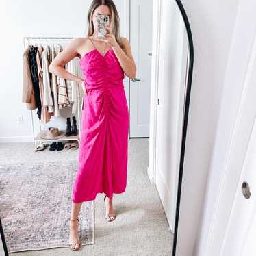 REBECCA VALLANCE Bright Pink Satin Ruched Midi Dre