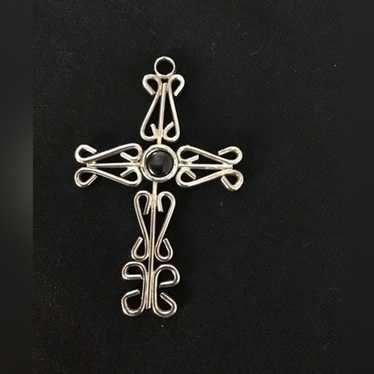 Vintage Sterling Sliver Cross w/Black Oynx Stone … - image 1