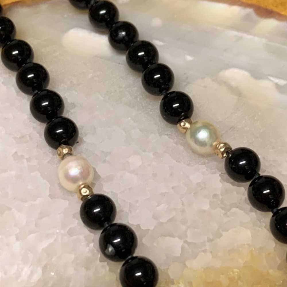 Vintage 14k gold onyx & Pearl Necklace - image 2