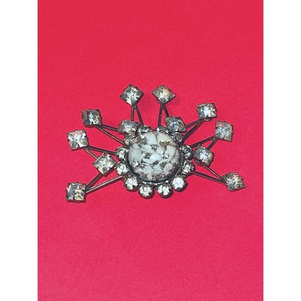 Vintage Atomic Sunburst Rhinestone & Enamel Silve… - image 1