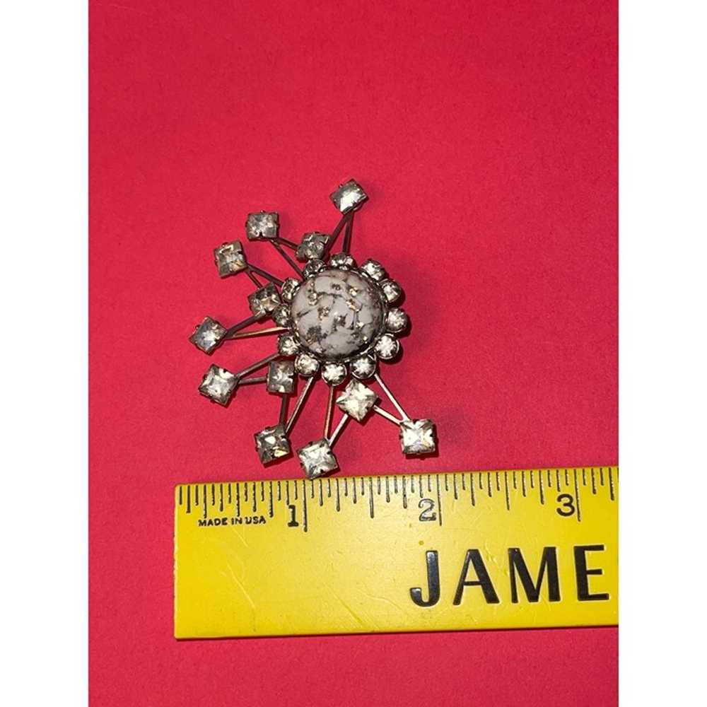 Vintage Atomic Sunburst Rhinestone & Enamel Silve… - image 4