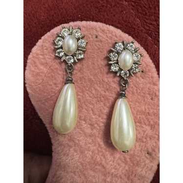 VTG Faux Pearl And Diamond Earrings - image 1