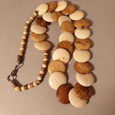 Vintage Carved Bone Flat Disk Beaded Necklace