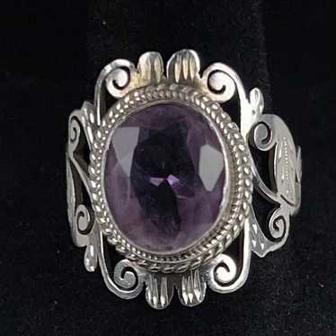 Sterling 925 Ring Large Amethyst Solitaire Size 8… - image 1