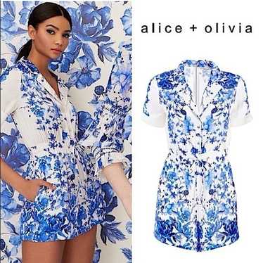 Alice + Olivia Leighton Printed Pajama Romper Blue