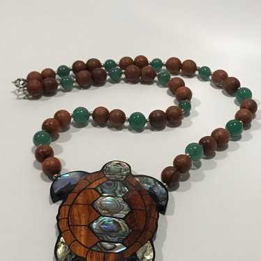 Vintage Sterling Silver Jade and Wood Beaded Moth… - image 1