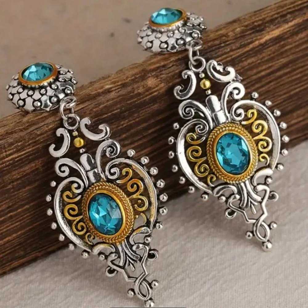 Vintage Blue Topaz Crystal Zircon Two Tone Dangle… - image 2