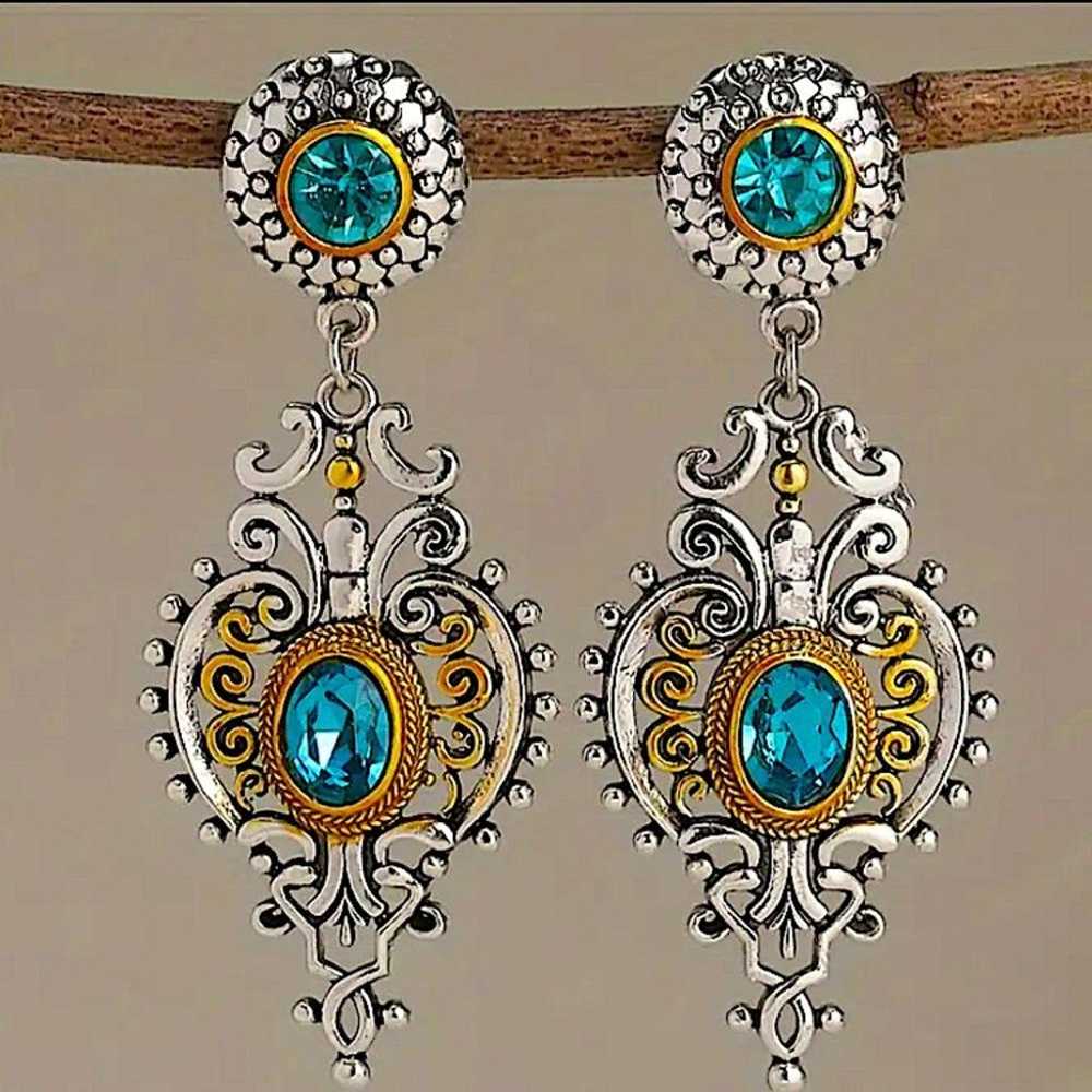 Vintage Blue Topaz Crystal Zircon Two Tone Dangle… - image 3