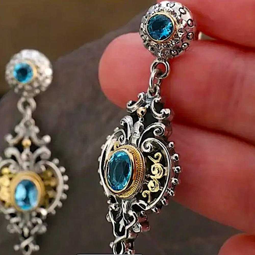 Vintage Blue Topaz Crystal Zircon Two Tone Dangle… - image 7