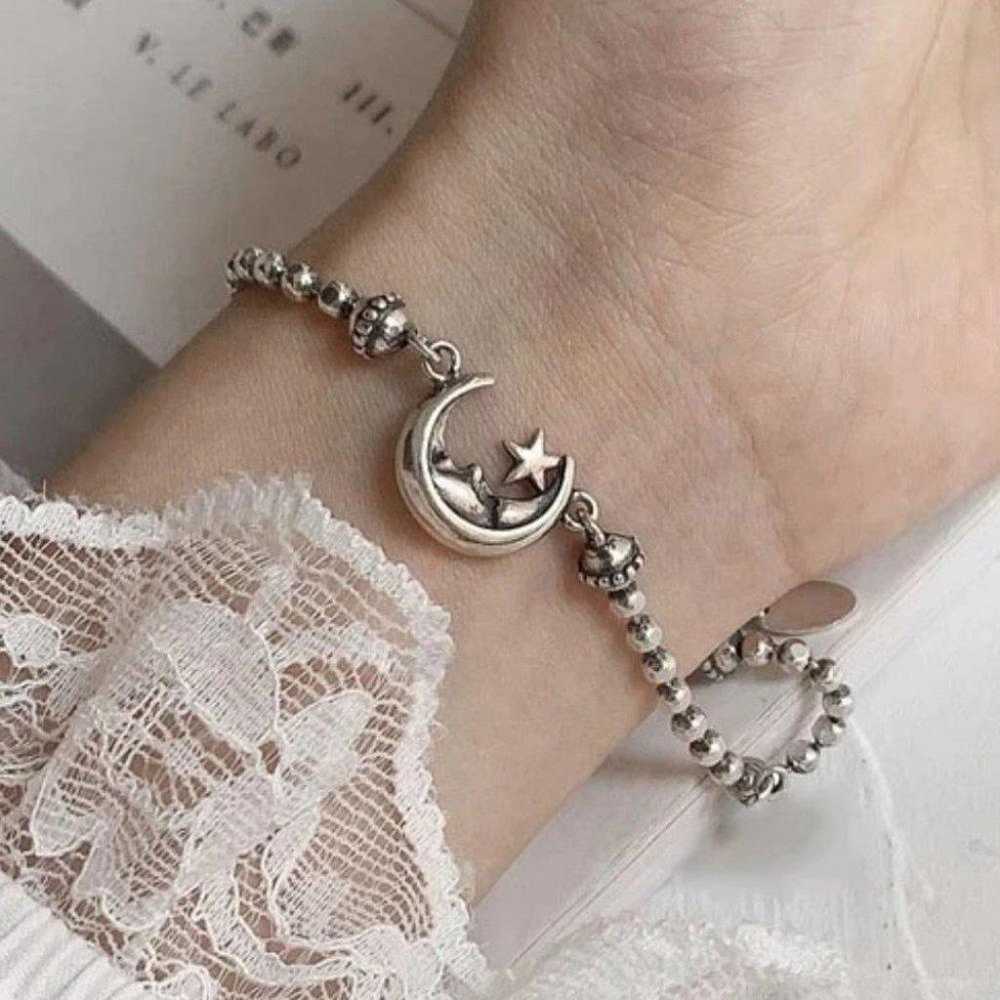 *925 Sterling Silver Vintage Moon Star Bracelet - image 1