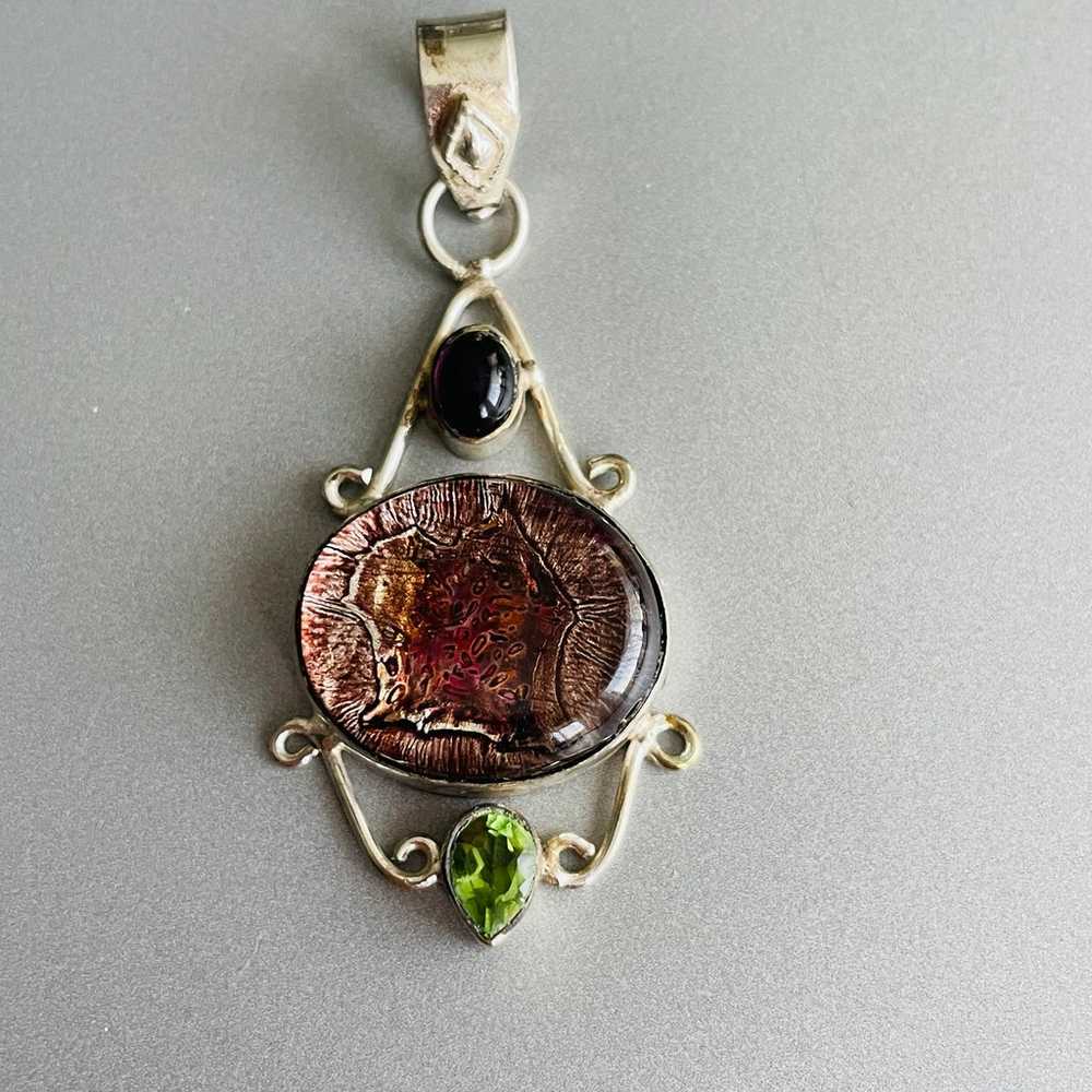 Art Glass & Natural Amethyst & Peridot Filigree S… - image 1