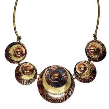 Artisan Modernist Copper Brass Necklace Round Laye