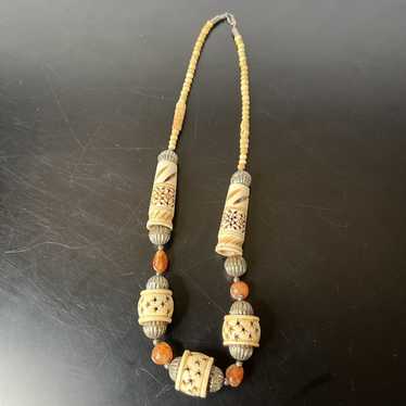 Vintage Hand Carved Tribal Beads with Red Agates … - image 1