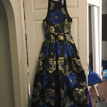 Black prom dress with ryl blue and gold