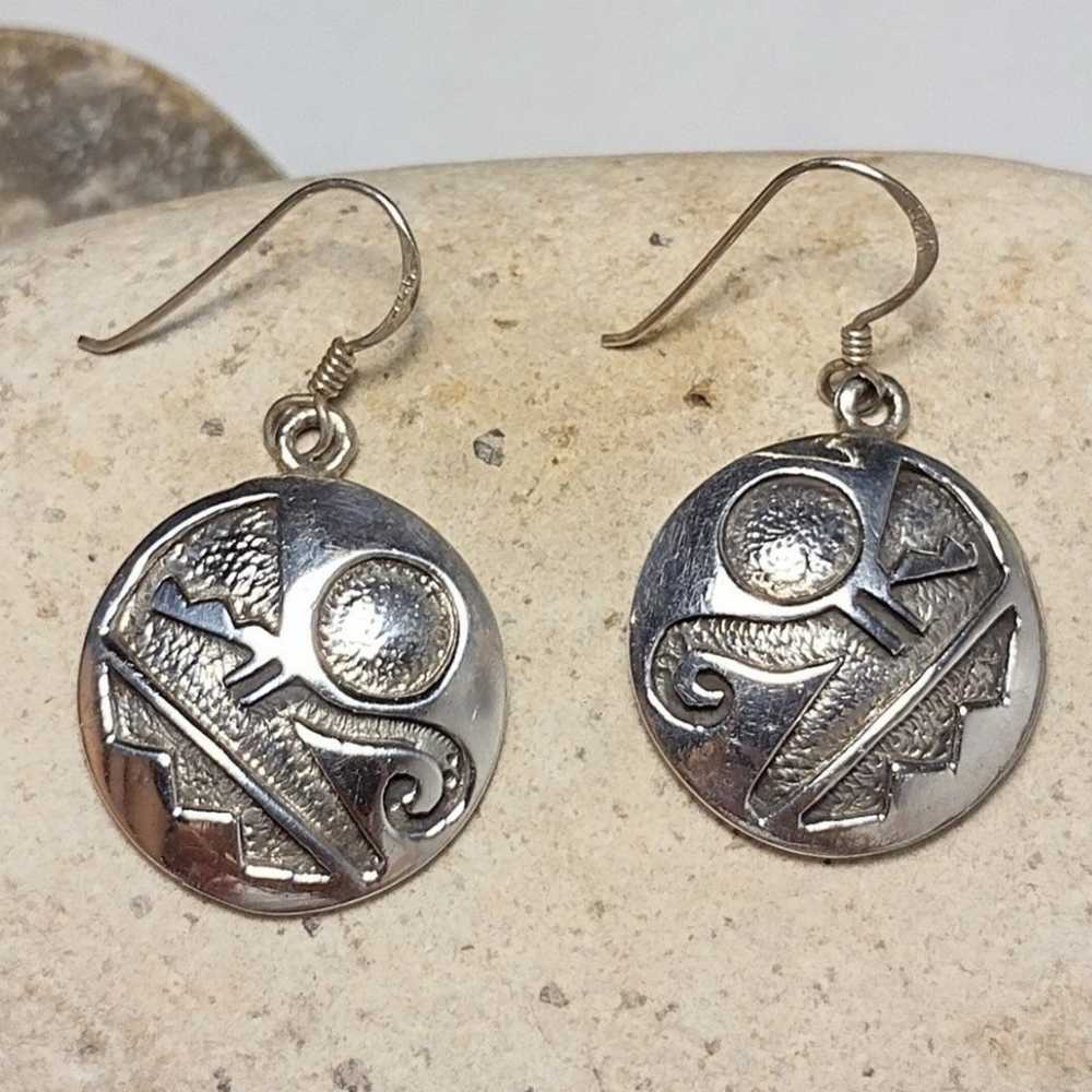 Vintage Aztec Mayan Sterling Silver Tribal Dangle… - image 1