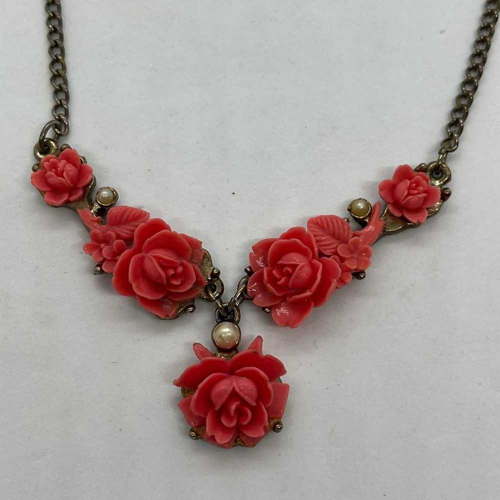 Vintage Celluloid Pink Rose And Faux Pearl Neckla… - image 3