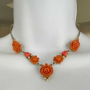 Celluloid carved coral pearl necklace