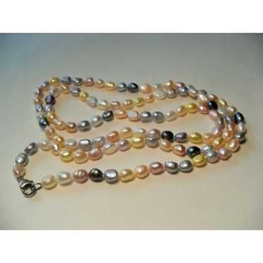 Sterling Long Pearl Necklace, Blue Pink Yellow Whi