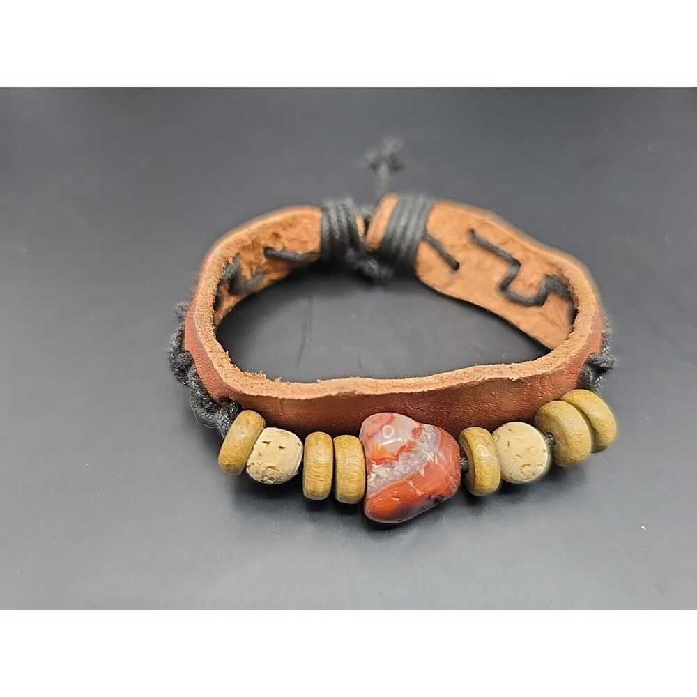 Vintage Handmade Leather Bracelet With Natural St… - image 3