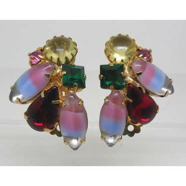 Circa 1965 Colorful Crystal Earrings Gold Tone Cl… - image 1