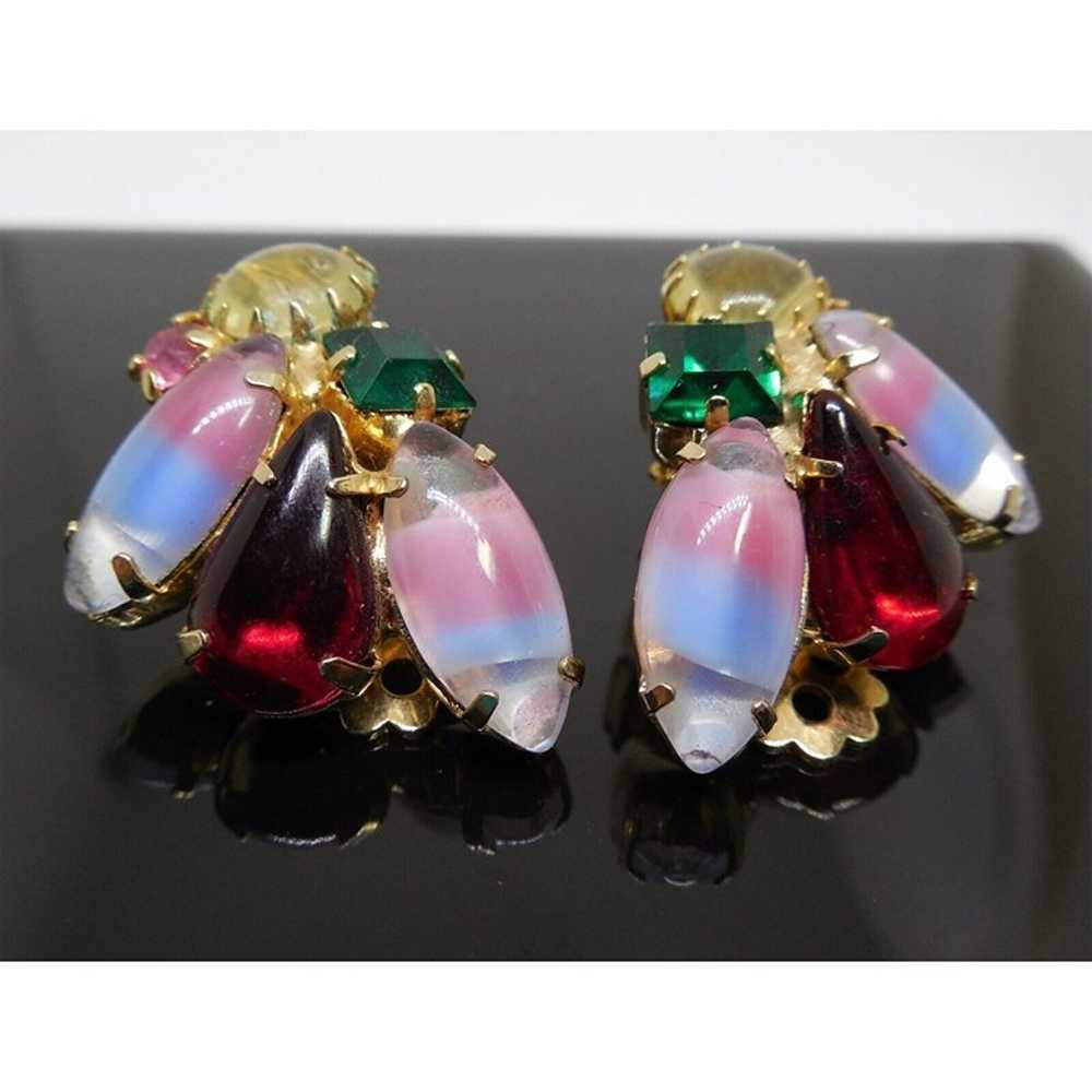 Circa 1965 Colorful Crystal Earrings Gold Tone Cl… - image 2