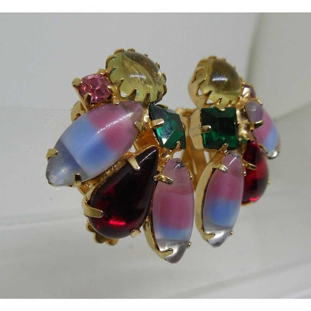 Circa 1965 Colorful Crystal Earrings Gold Tone Cl… - image 4