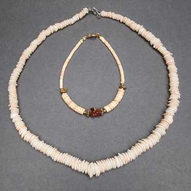 Vtg Dainty Shell Chicklet Bead Heishi Necklace & … - image 1