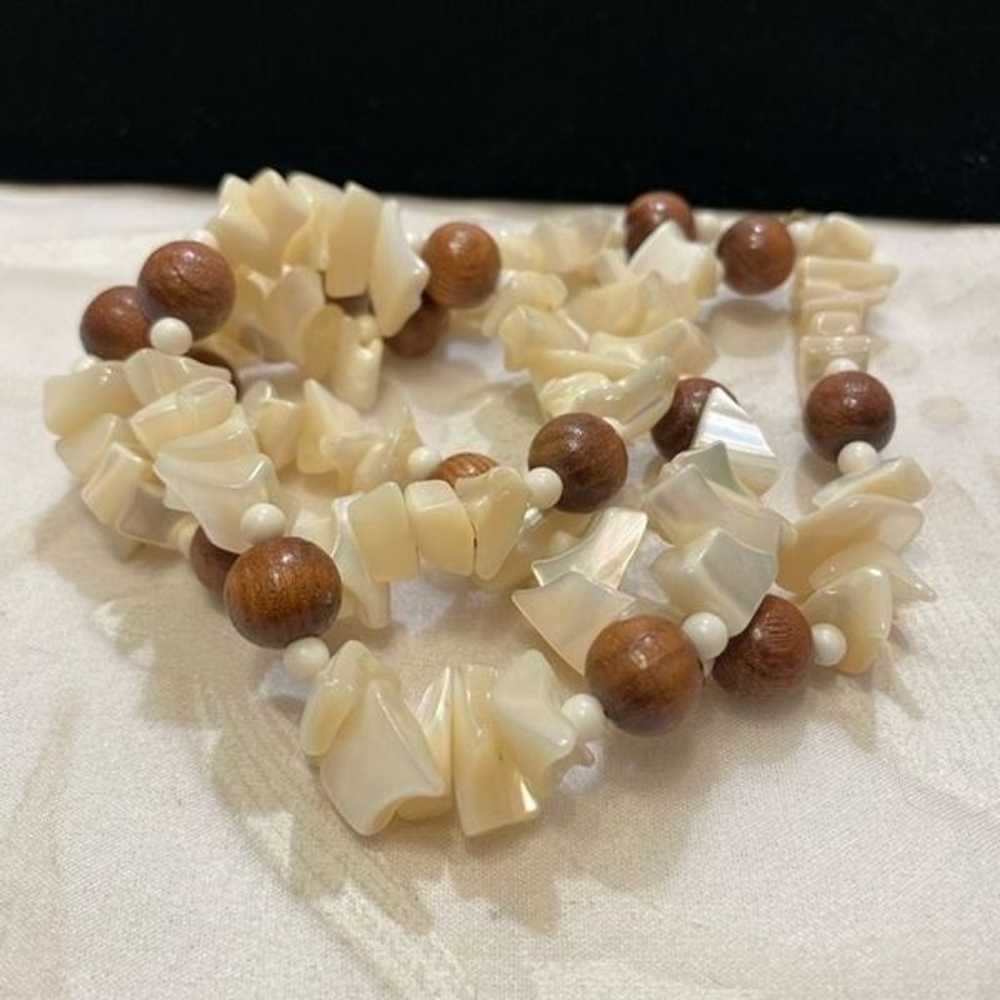 Vintage Mother Of Pearl And Wood Bead Necklace - image 2