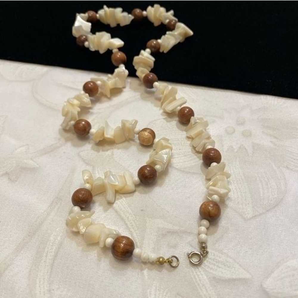 Vintage Mother Of Pearl And Wood Bead Necklace - image 3