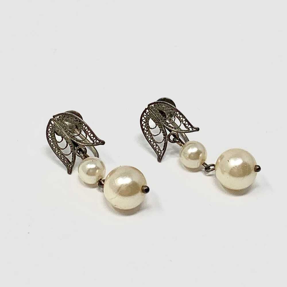 Vintage Silver Filigree and Pearl Earrings - image 1