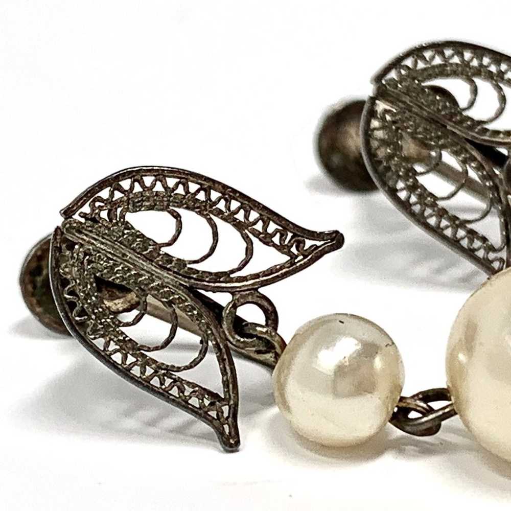 Vintage Silver Filigree and Pearl Earrings - image 2